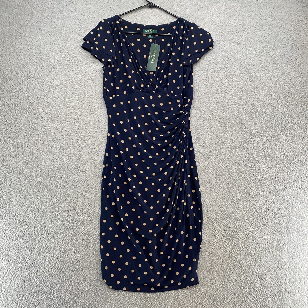 Lauren Ralph Lauren Dress Womens 8 Polka Dot‎ Pinup Ruched Flutter Sleeve Navy